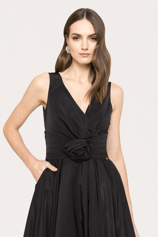 Floral-appliqué taffeta midi dress - RS15683 black NISSA