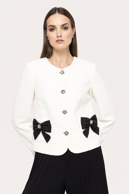 Bow-detail boucle suit jacket - J15628 white black NISSA
