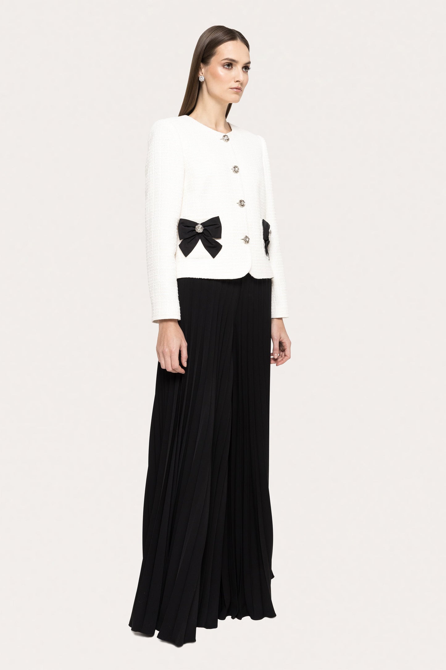 Bow-detail boucle suit jacket - J15628 white black NISSA