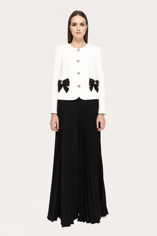 Bow-detail boucle suit jacket - J15628 white black NISSA
