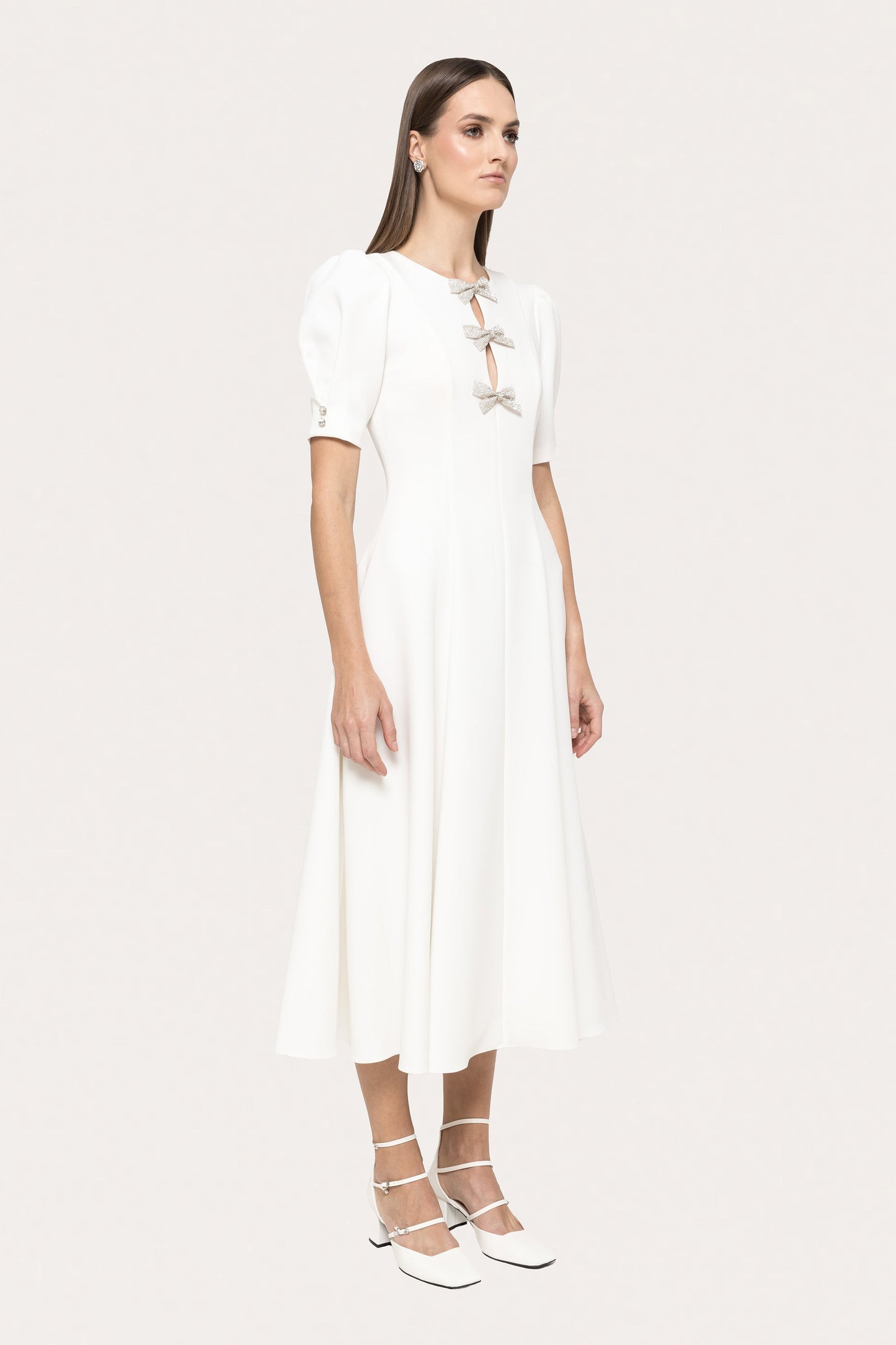 Crystal-bow crepe midi dress - RS15627 white NISSA