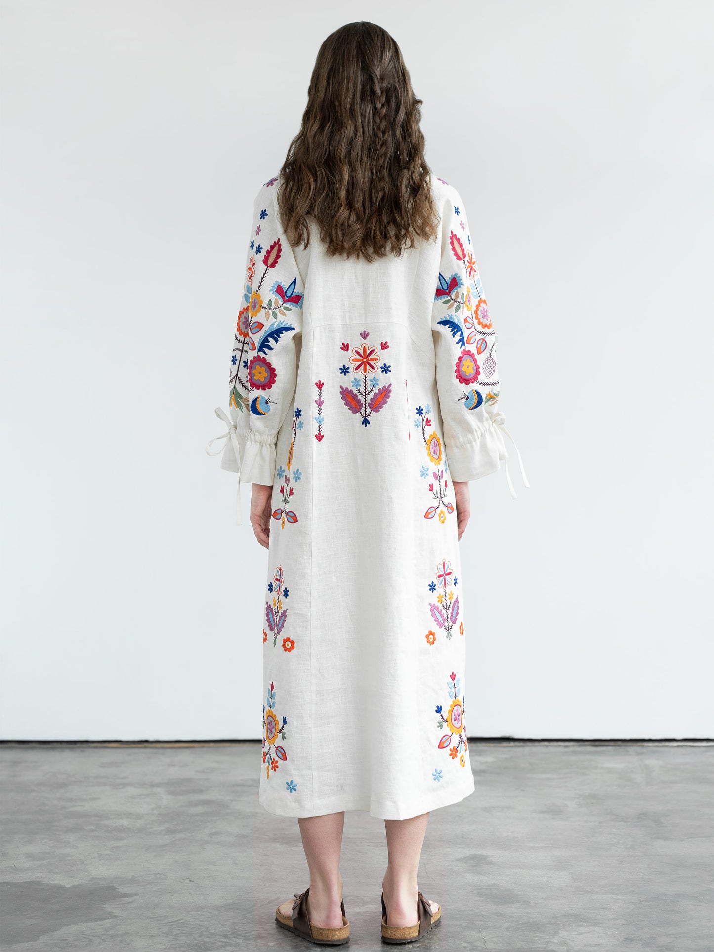 White linen dress with floral embroidery Sobachko ETNODIM