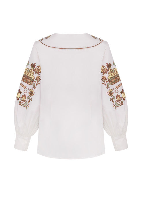 "Embroidery history" white blouse with colourful embroidery FOBERINI