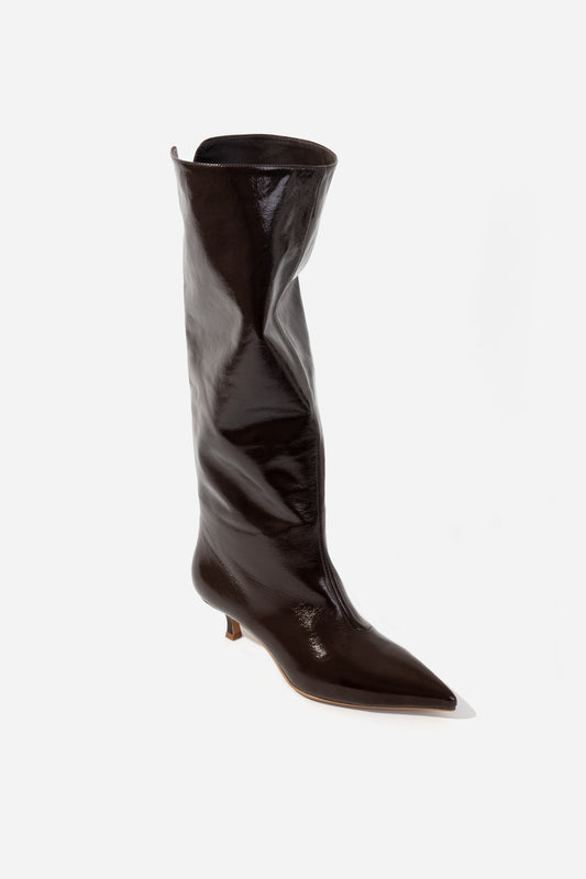 KACHOROVSKA CONNIE dark brown leather boots, tube boots with wide soft shaft, front three-quarter view