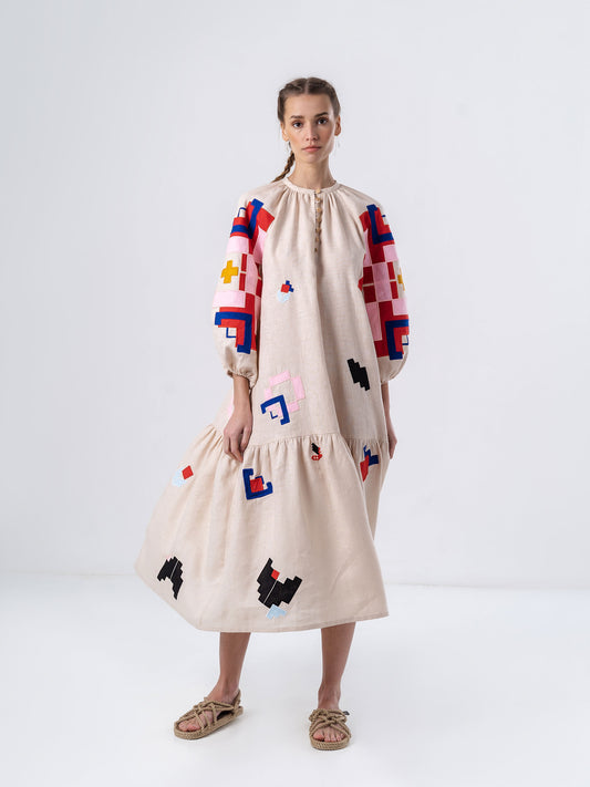 Light linen dress with applique Eva ETNODIM