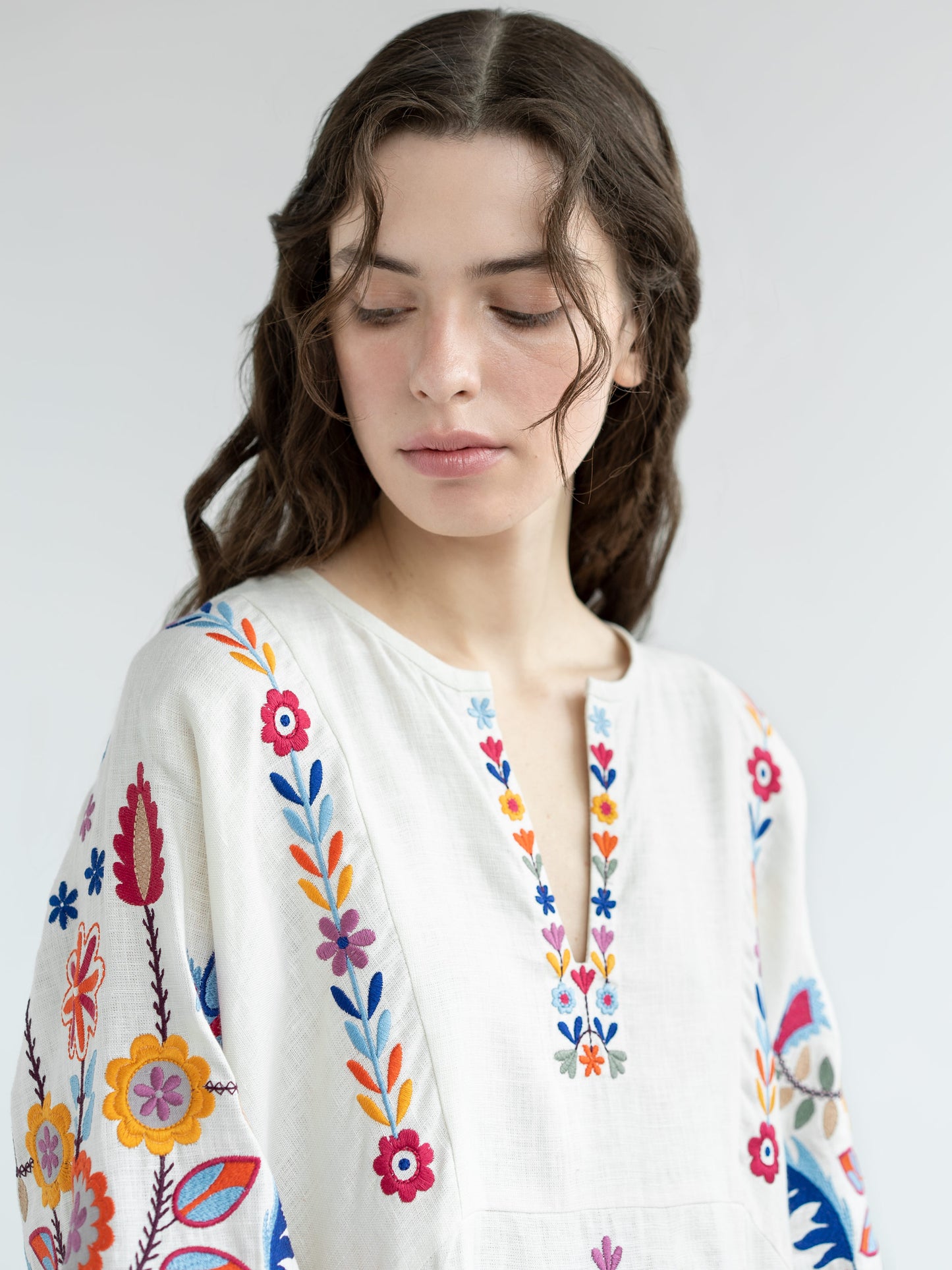 White linen dress with floral embroidery Sobachko ETNODIM