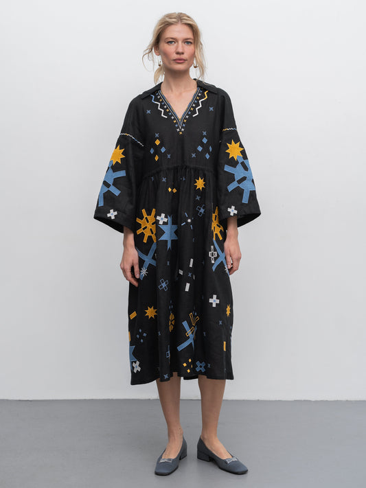 Linen dress with embroidery and applique Zori ETNODIM