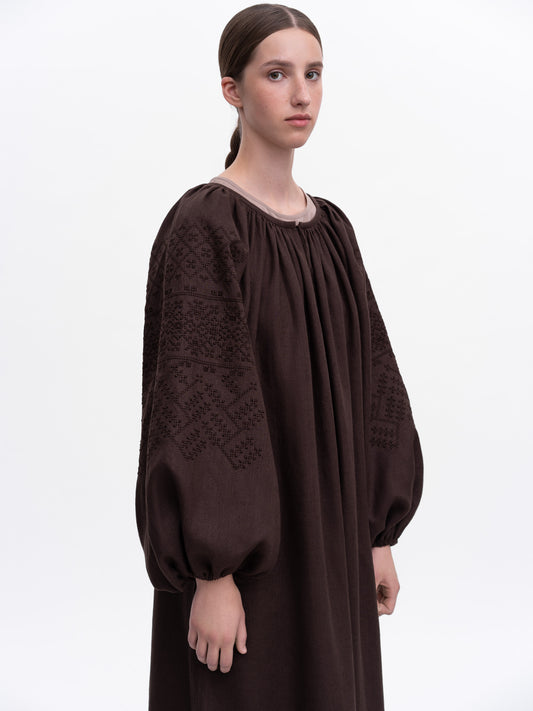 Brown embroidered dress Velina ETNODIM
