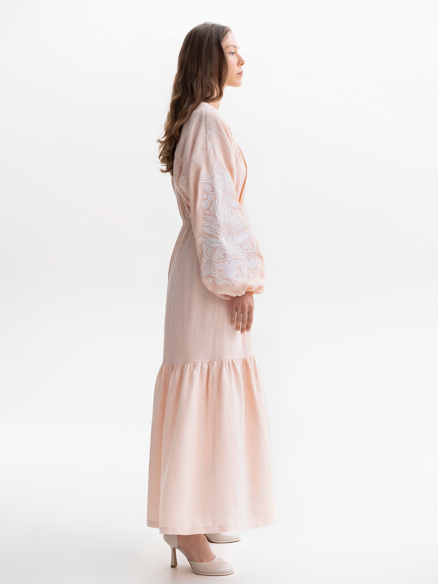 Peach embroidered midi dress with white embroidery Kamiana Vyshyvanka ETNODIM