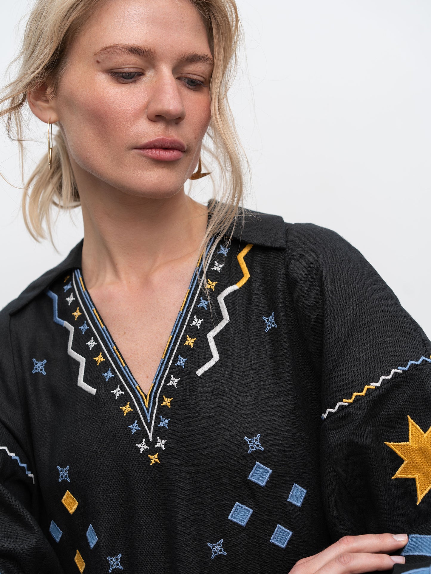 Linen dress with embroidery and applique Zori ETNODIM