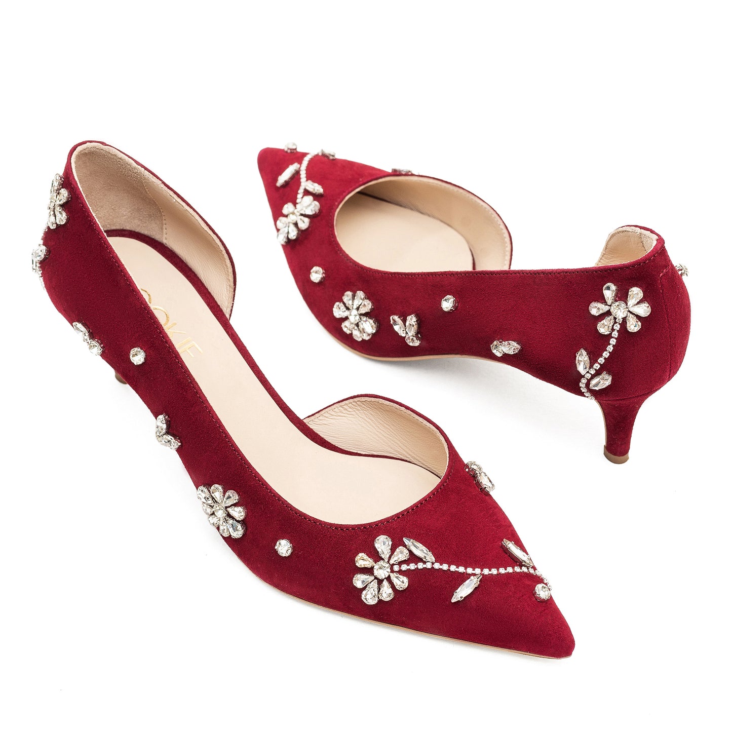 Adele garnet pumps with sewn-on crystals LOOKIE ATELIER