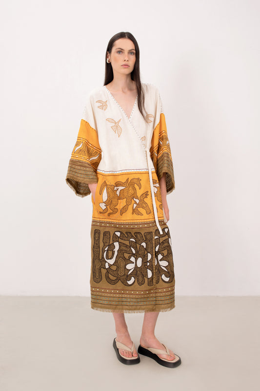 Animal Realm long Kimono in Ivory - Ochre - Golden Green My Sleeping Gypsy