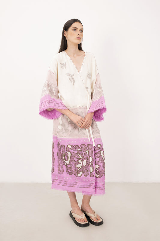 Animal Realm long Kimono in Ivory - Powder Pink - Lilac My Sleeping Gypsy