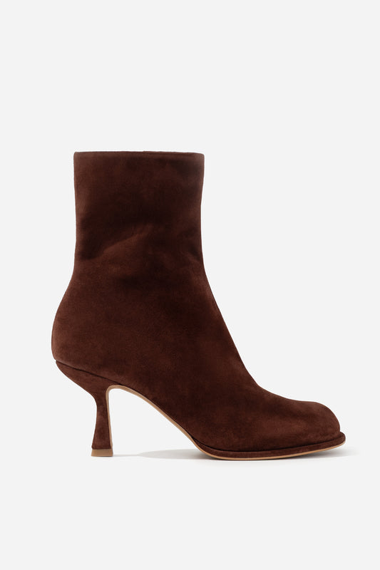 BLANCA dark brown suede ankle boots, single boot side profile with kitten heel