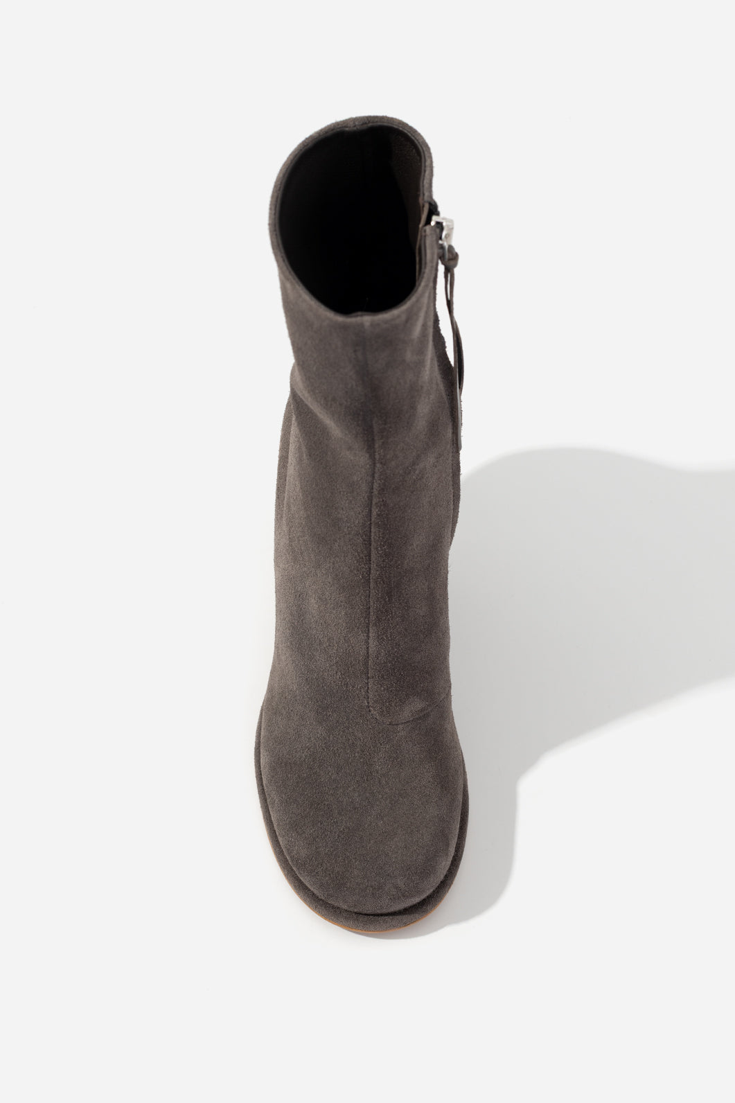 BLANCA dark gray suede ankle boots, top-down view of the boot with rounded toe and zipper