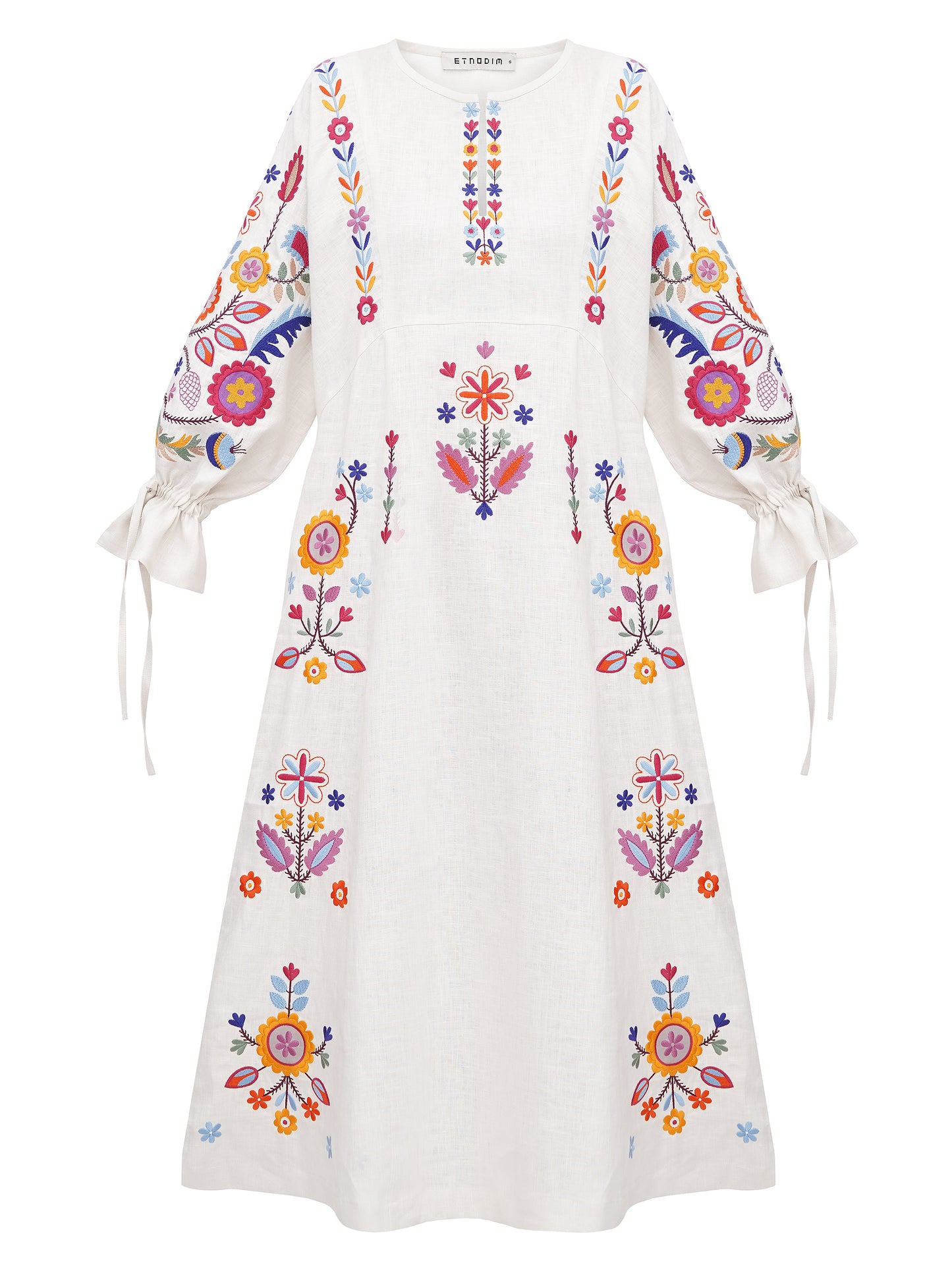 White linen dress with floral embroidery Sobachko ETNODIM