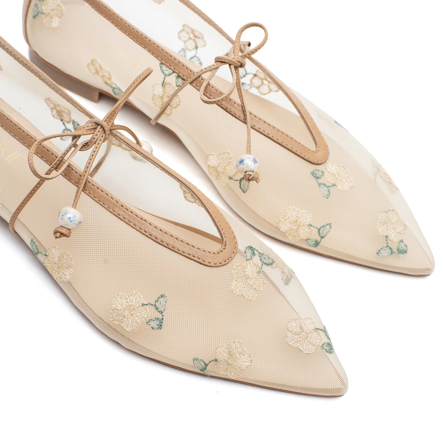 Claire beige mesh pointed ballet flats with embroidery LOOKIE ATELIER