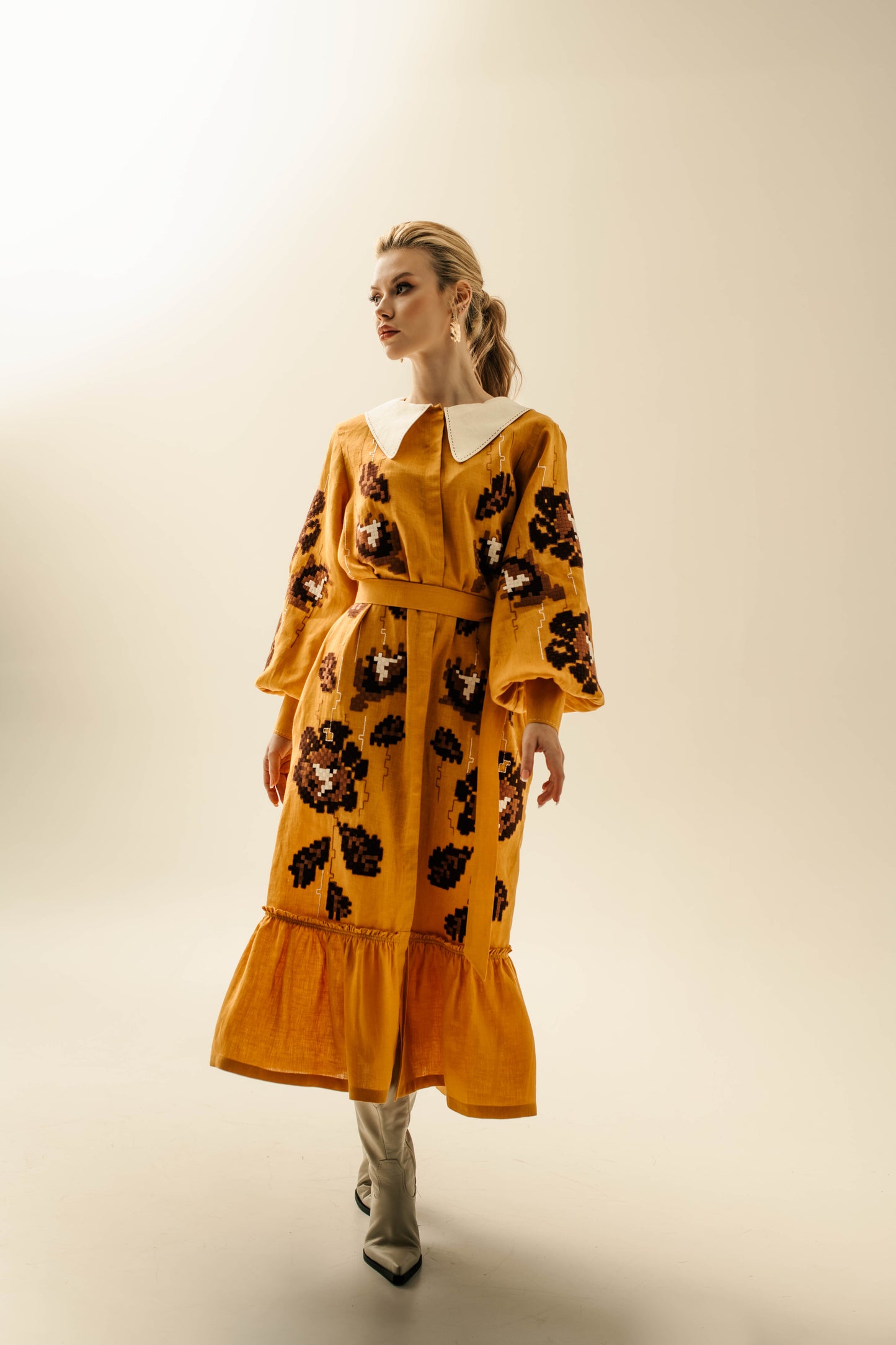 Adele Mustard Dress with a collar FOBERINI