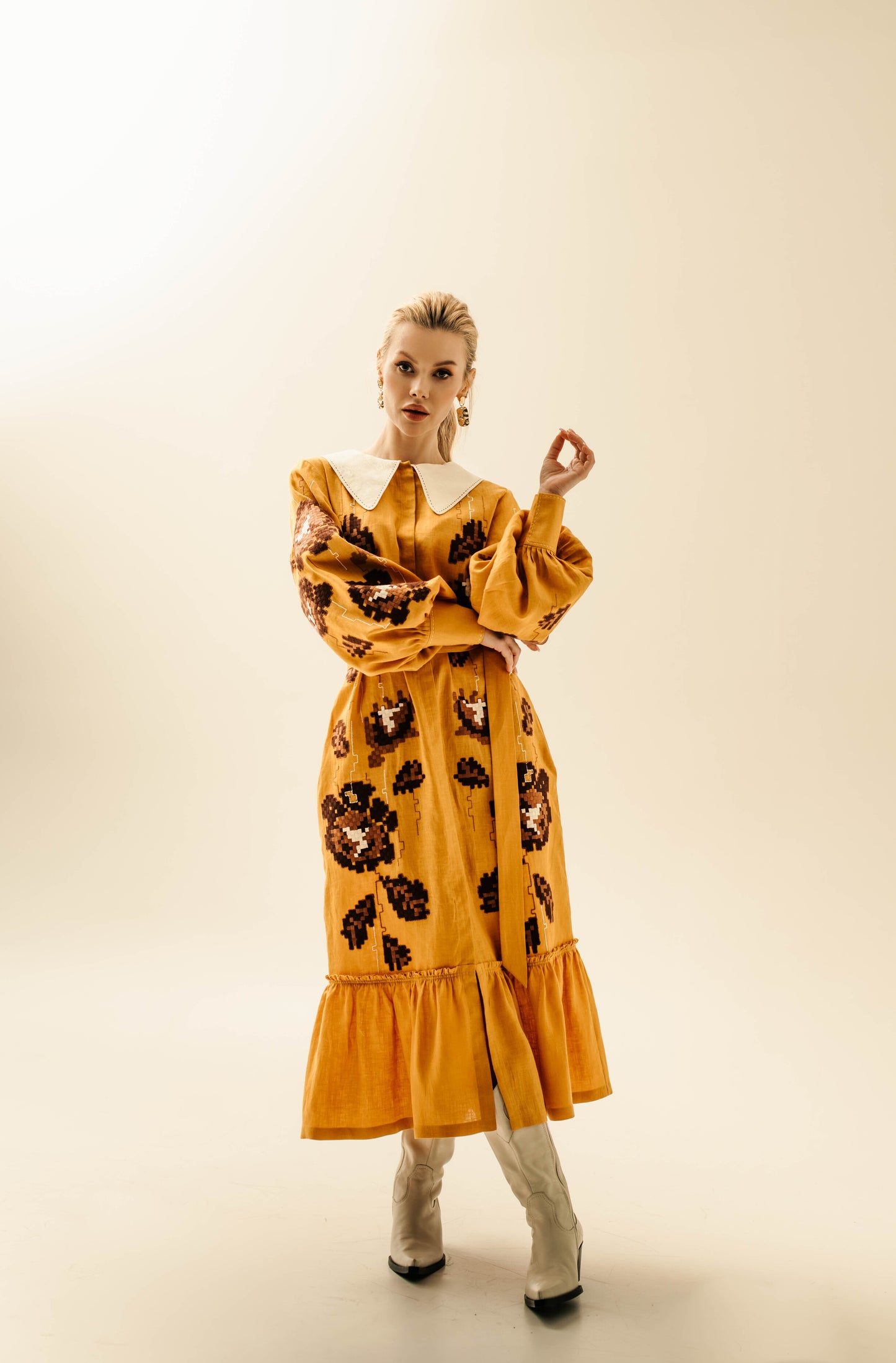 Adele Mustard Dress with a collar FOBERINI