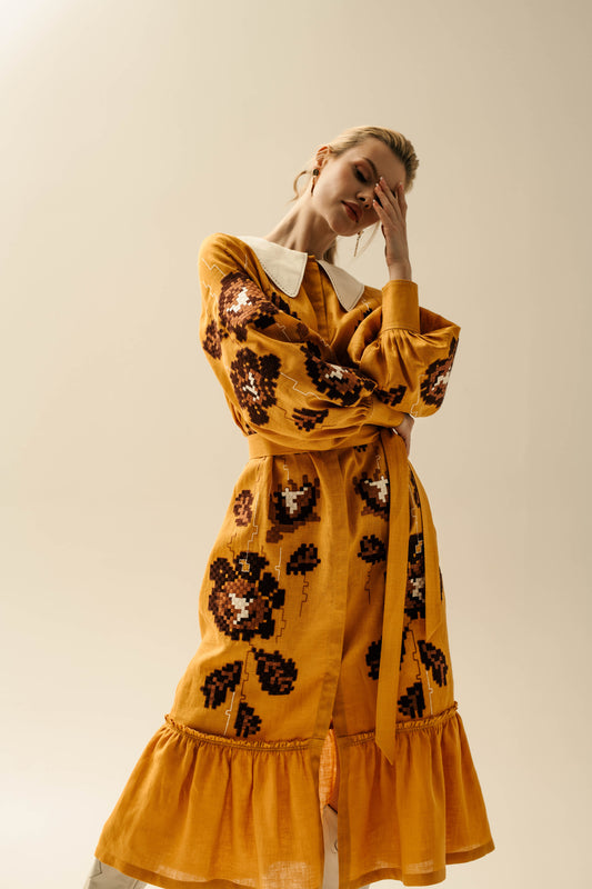 Adele Mustard Dress with a collar FOBERINI
