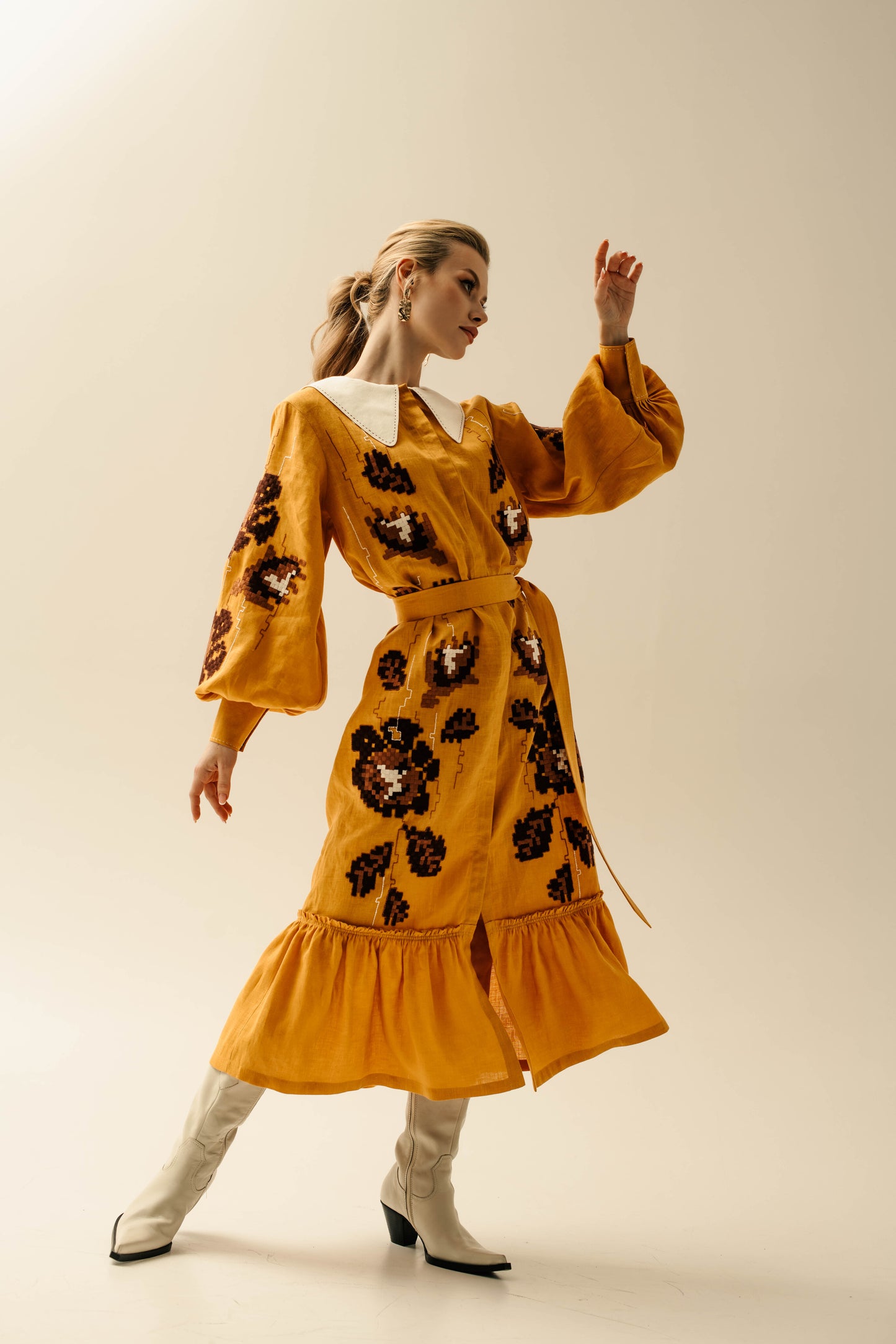 Adele Mustard Dress with a collar FOBERINI