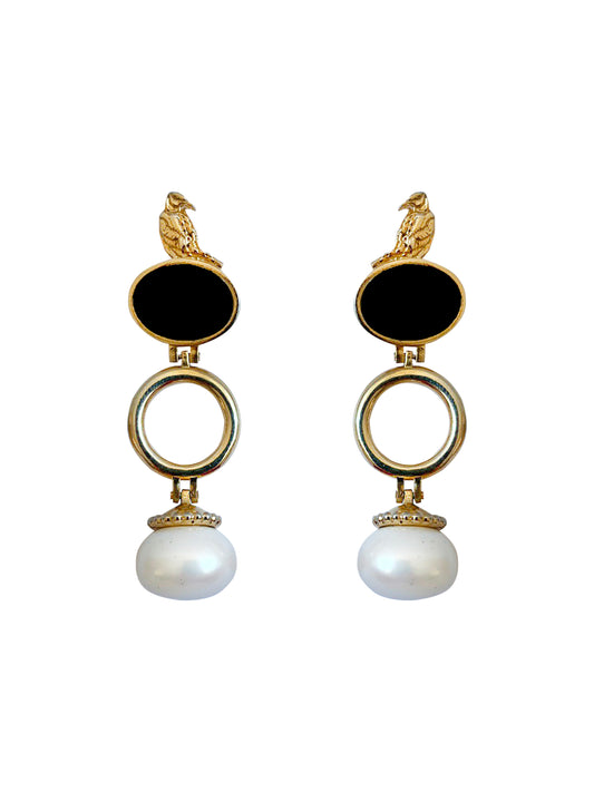 Bird Earrings With White Pearls Long GUNIA PROJECT