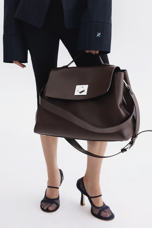 ERNESTINA 42 dark brown leather bag KACHOROVSKA side view showing structured silhouette and smooth leather texture