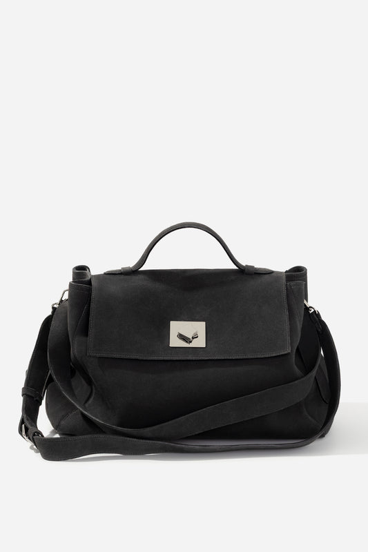ERNESTINA 42 graphite suede bag KACHOROVSKA, front 3/4 view
