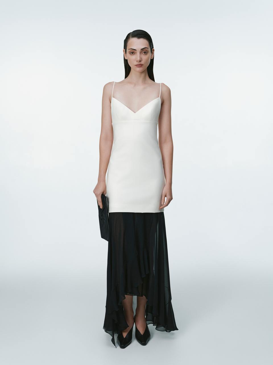 Ivory wool dress with black silk raffles ELENA REVA