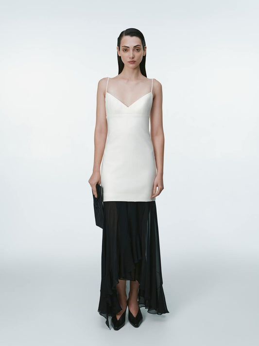 Ivory wool dress with black silk raffles ELENA REVA