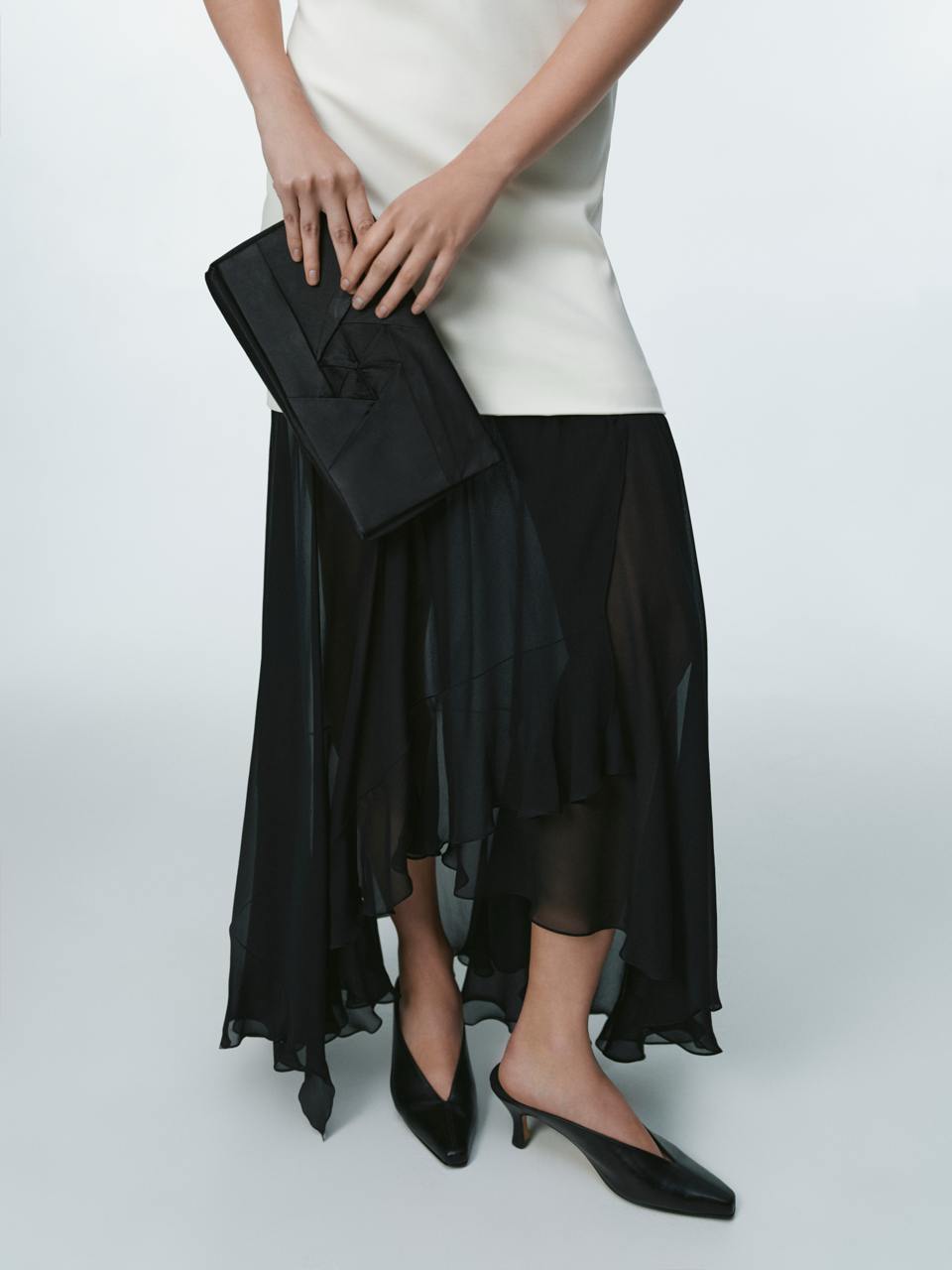 Ivory wool dress with black silk raffles ELENA REVA