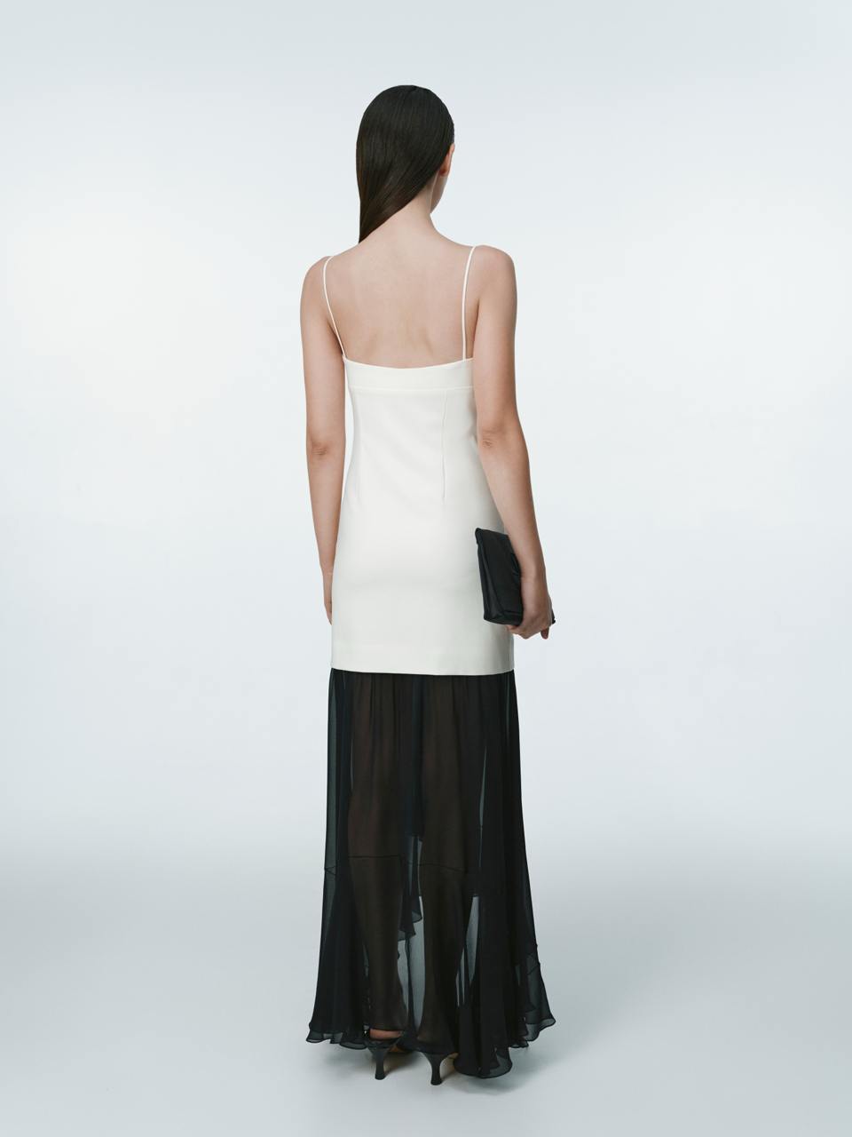 Ivory wool dress with black silk raffles ELENA REVA