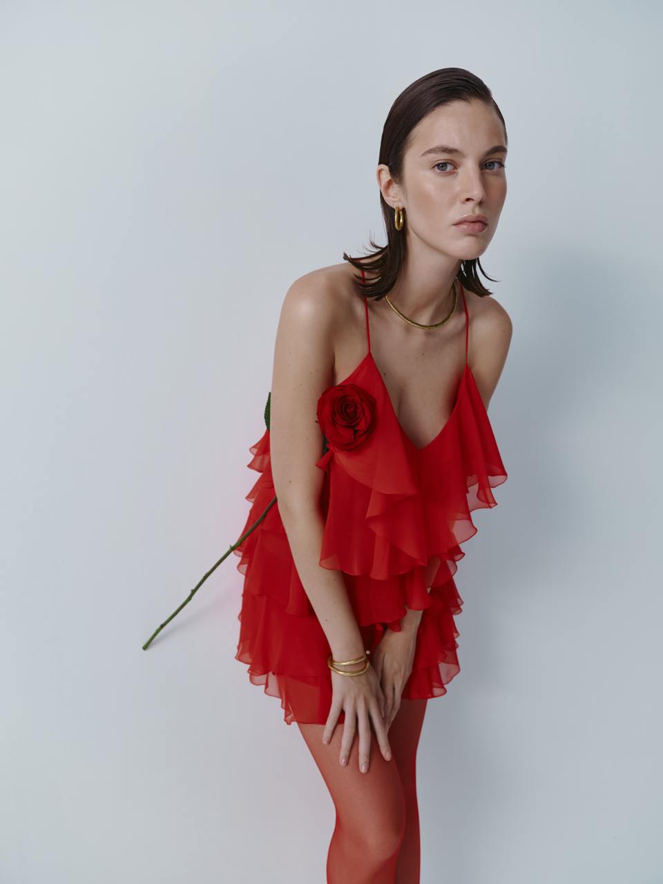 Red chiffon mini dress with ruffles ELENA REVA