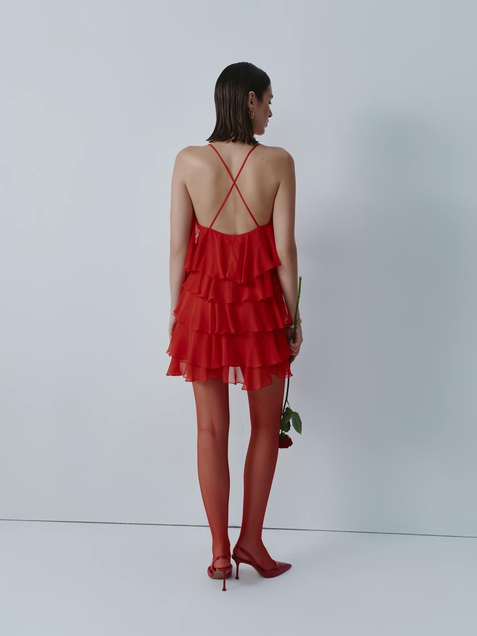 Red chiffon mini dress with ruffles ELENA REVA