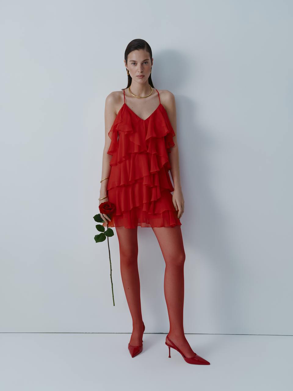 Red chiffon mini dress with ruffles ELENA REVA