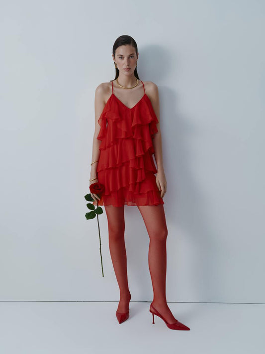 Red chiffon mini dress with ruffles ELENA REVA