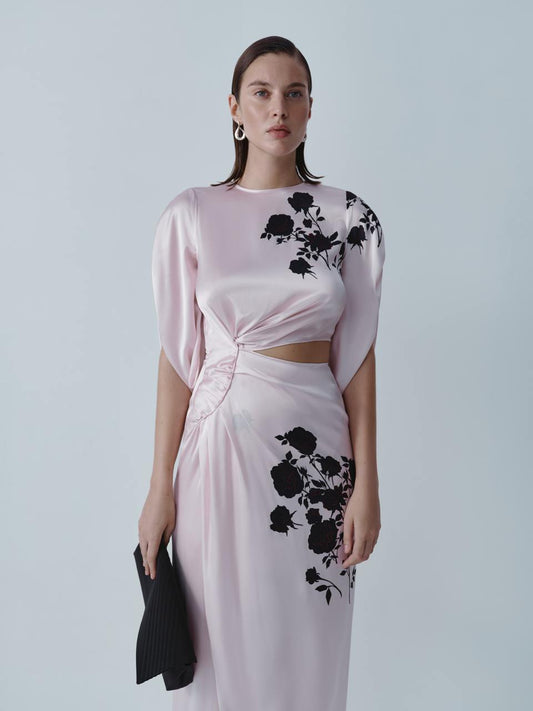 Floral print silk midi dress with long-sleeve ELENA REVA