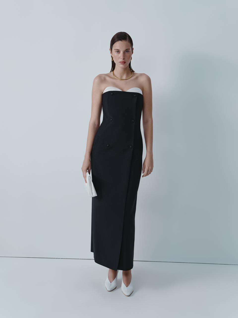 Black wool midi dress with ivory silk bustier ELENA REVA