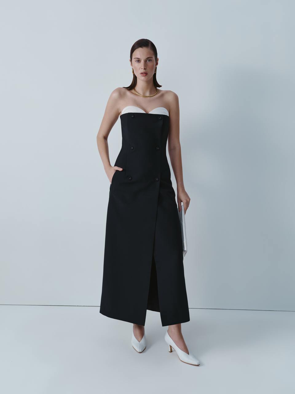 Black wool midi dress with ivory silk bustier ELENA REVA