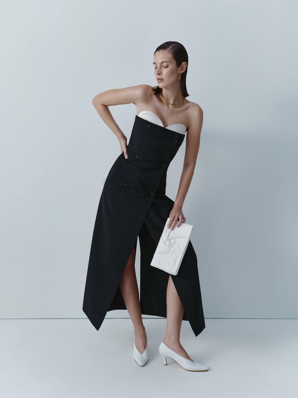 Black wool midi dress with ivory silk bustier ELENA REVA