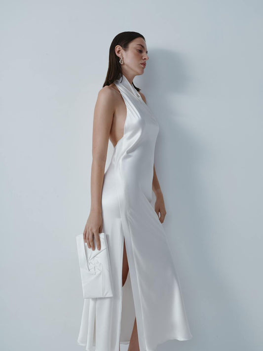Ivory silk midi dress with cutout back ELENA REVA