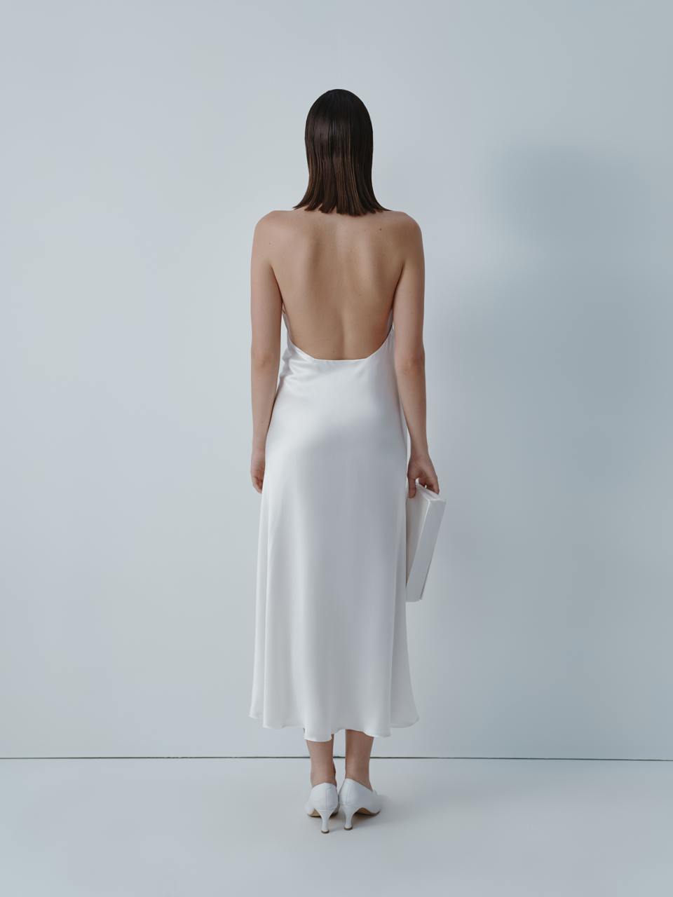 Ivory silk midi dress with cutout back ELENA REVA