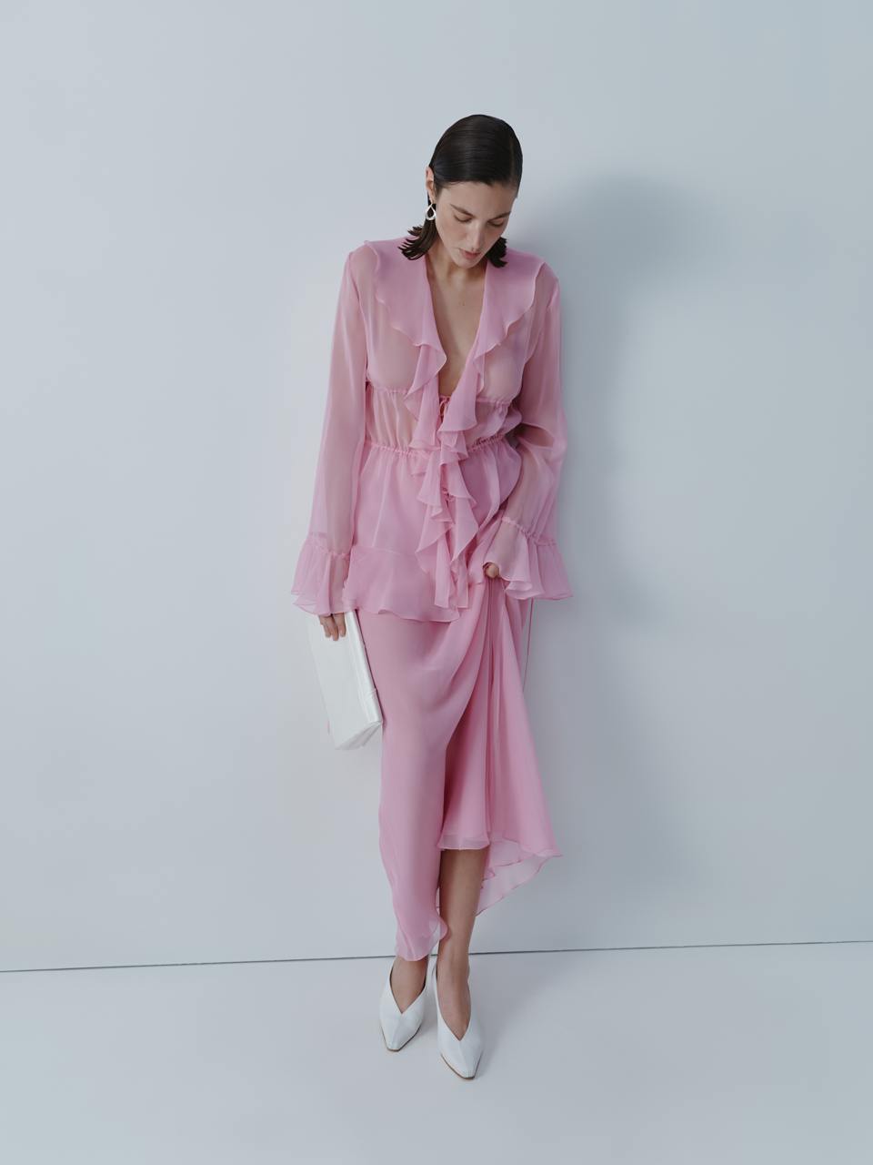 Candy pink chiffon blouse with ruffles ELENA REVA