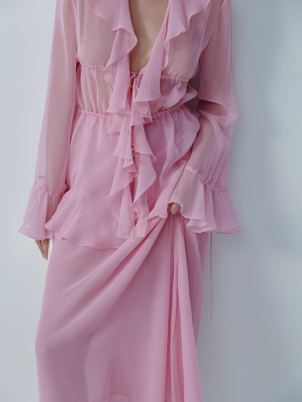 Candy pink chiffon blouse with ruffles ELENA REVA