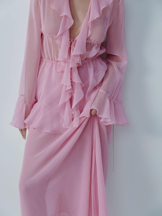 Candy pink chiffon blouse with ruffles ELENA REVA