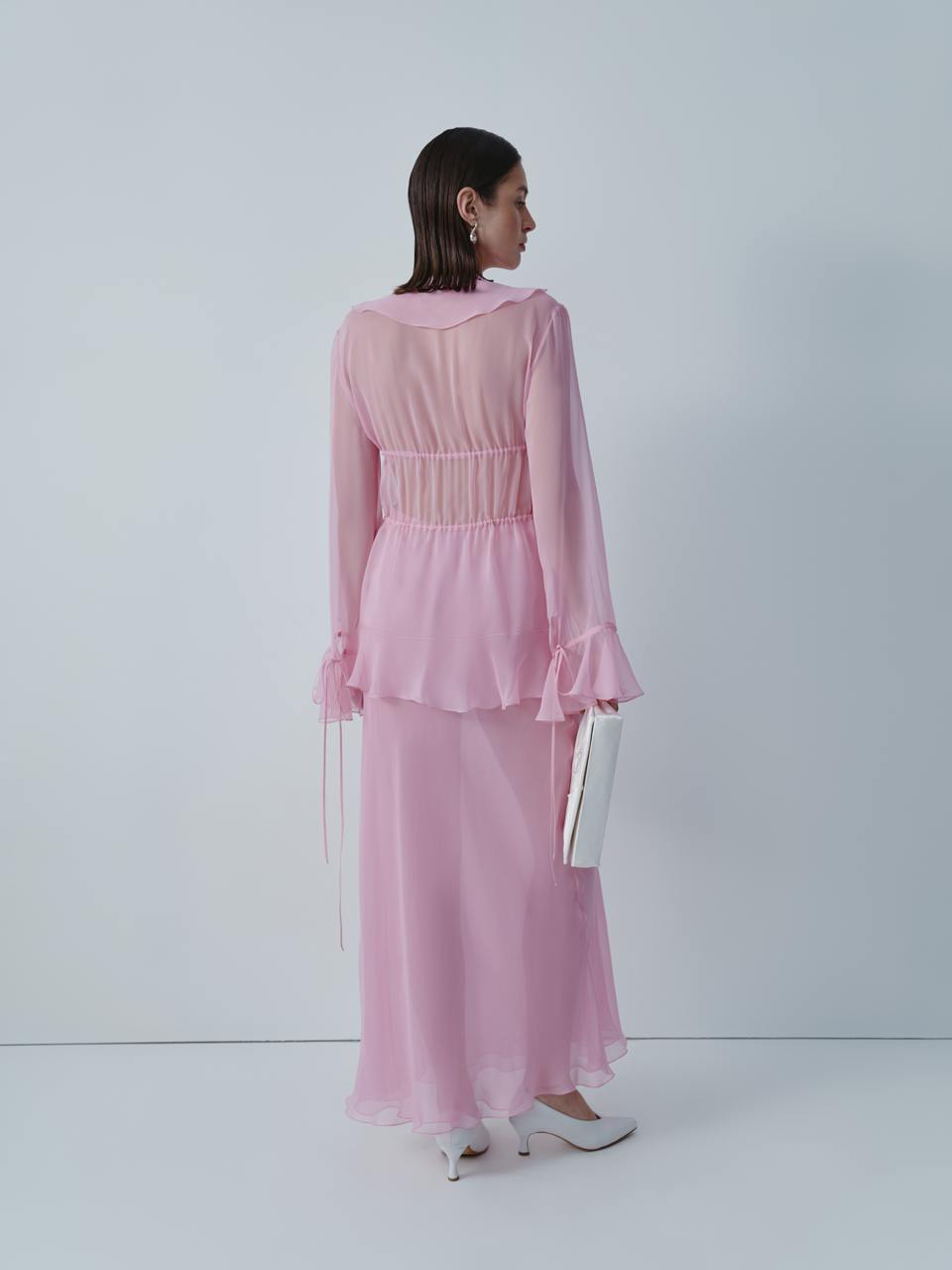 Candy pink chiffon blouse with ruffles ELENA REVA