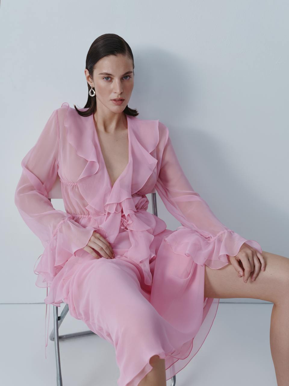 Candy pink chiffon blouse with ruffles ELENA REVA