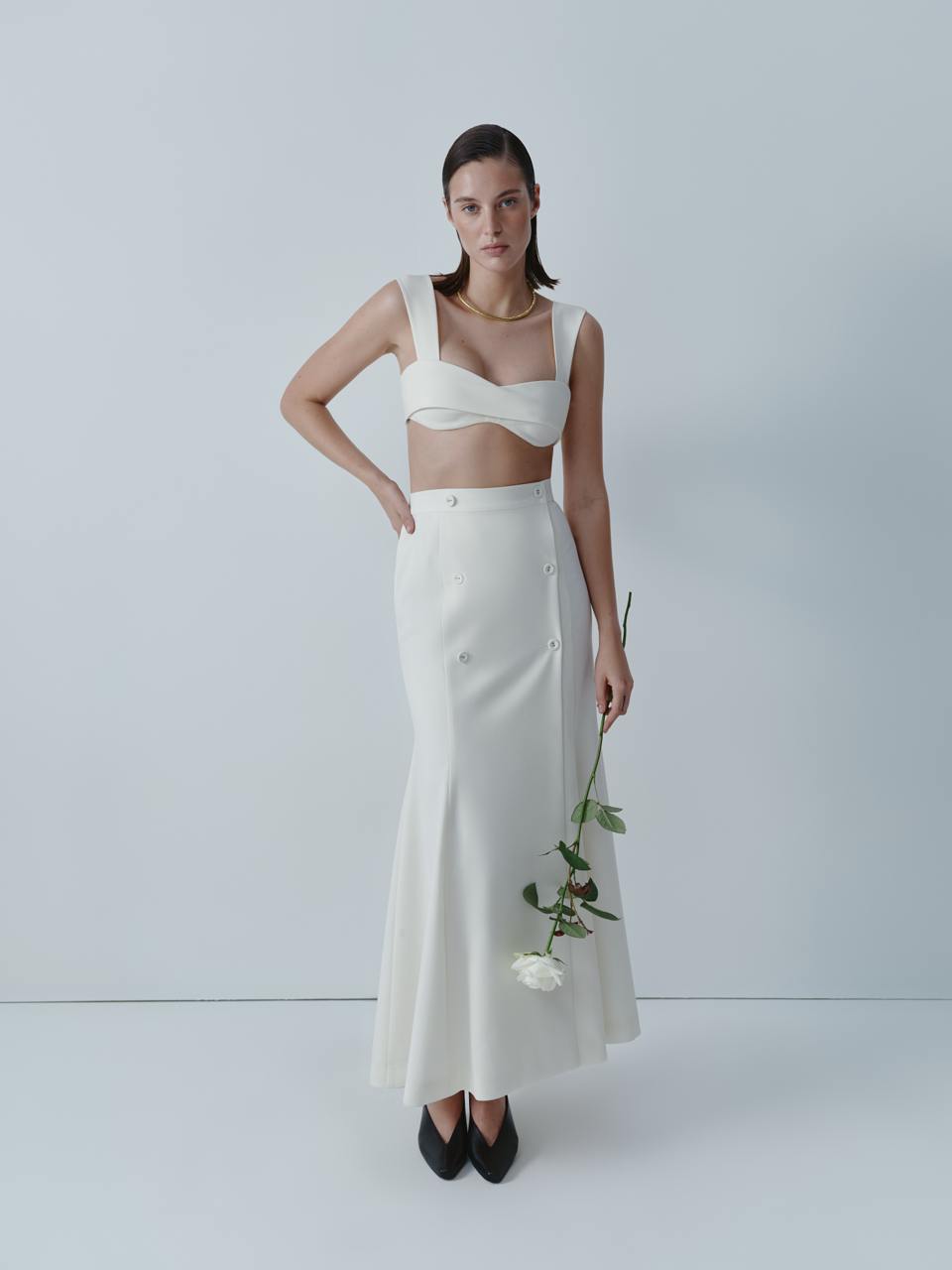 Ivory wool midi skirt with buttons ELENA REVA