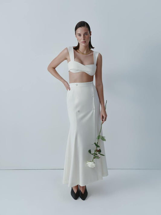 Ivory wool midi skirt with buttons ELENA REVA