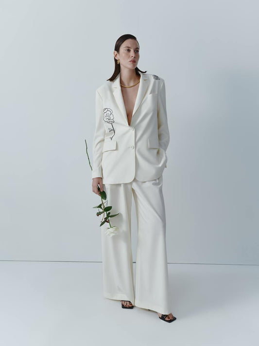 Oversize ivory wool blazer with embroidery ELENA REVA